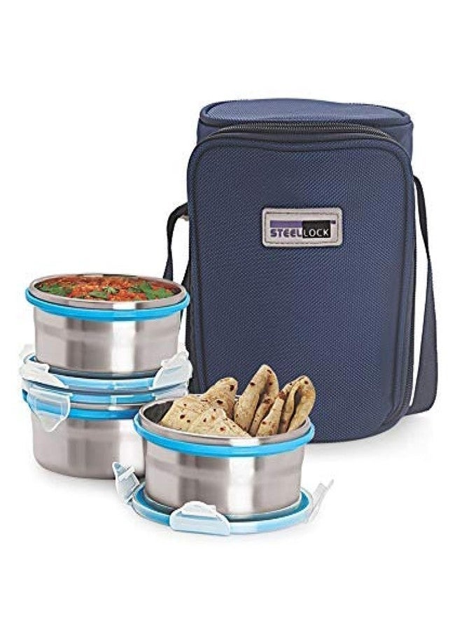STEELLOCK Steel Lock HL- 1331 Stainless Steel Airtight 3 PC Lock Lunch/Meal/Tiffin Box with Insulated Bag- Silver - Image 1
